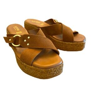Lottini Brown Suede Cross  Band Wedge Sandal Women’s Size 39. (US 8-8.5)